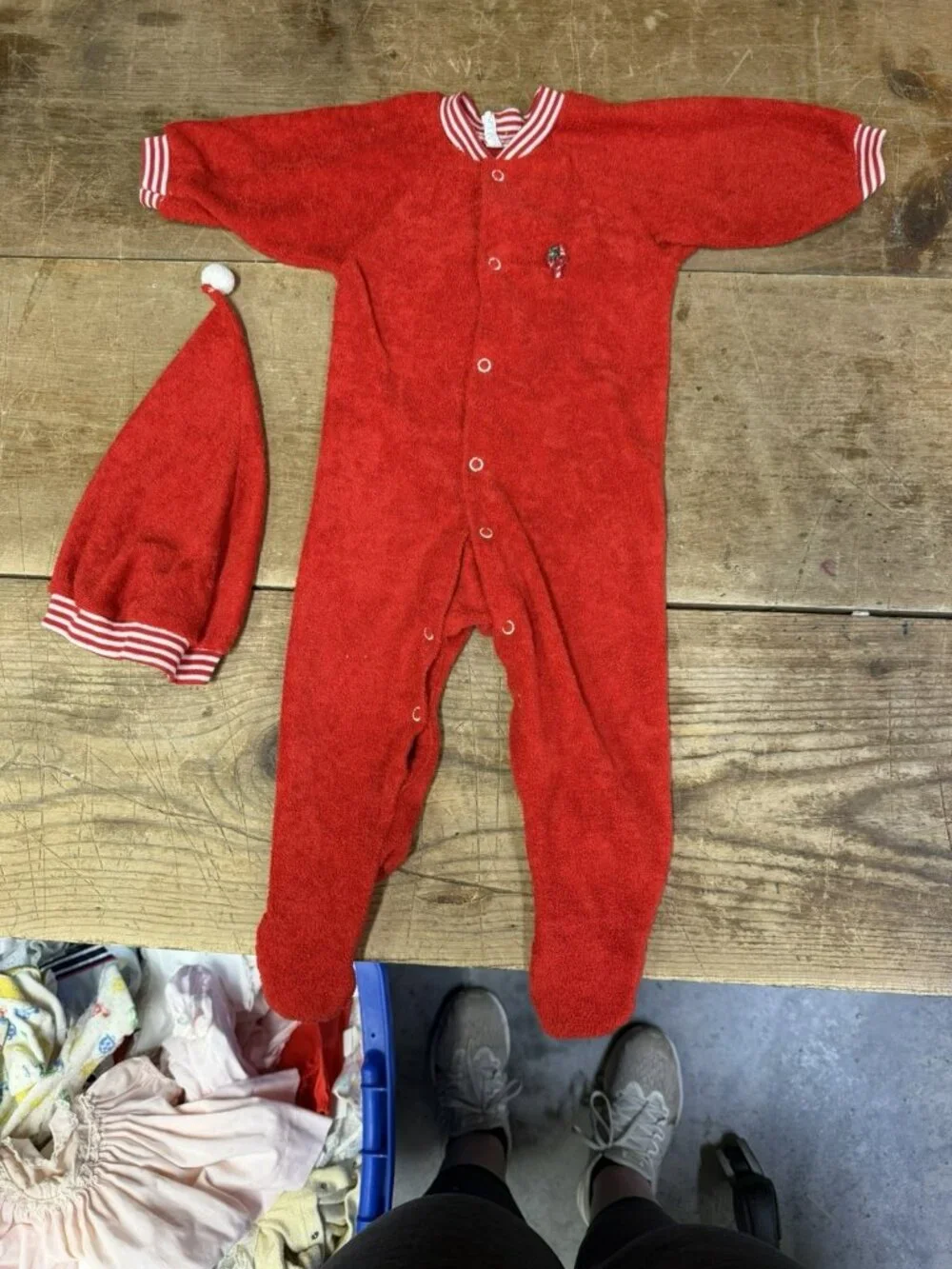 Vintage 1980s Alexis Terry Cloth 2T Sleeper Christmas Candy Cane Red Cap Toddler